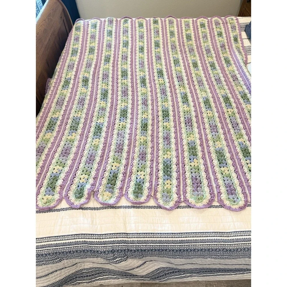 Crocheted Afghan Purple Green Blue & Cream Mile A Minute Pat Handmade Grannycore